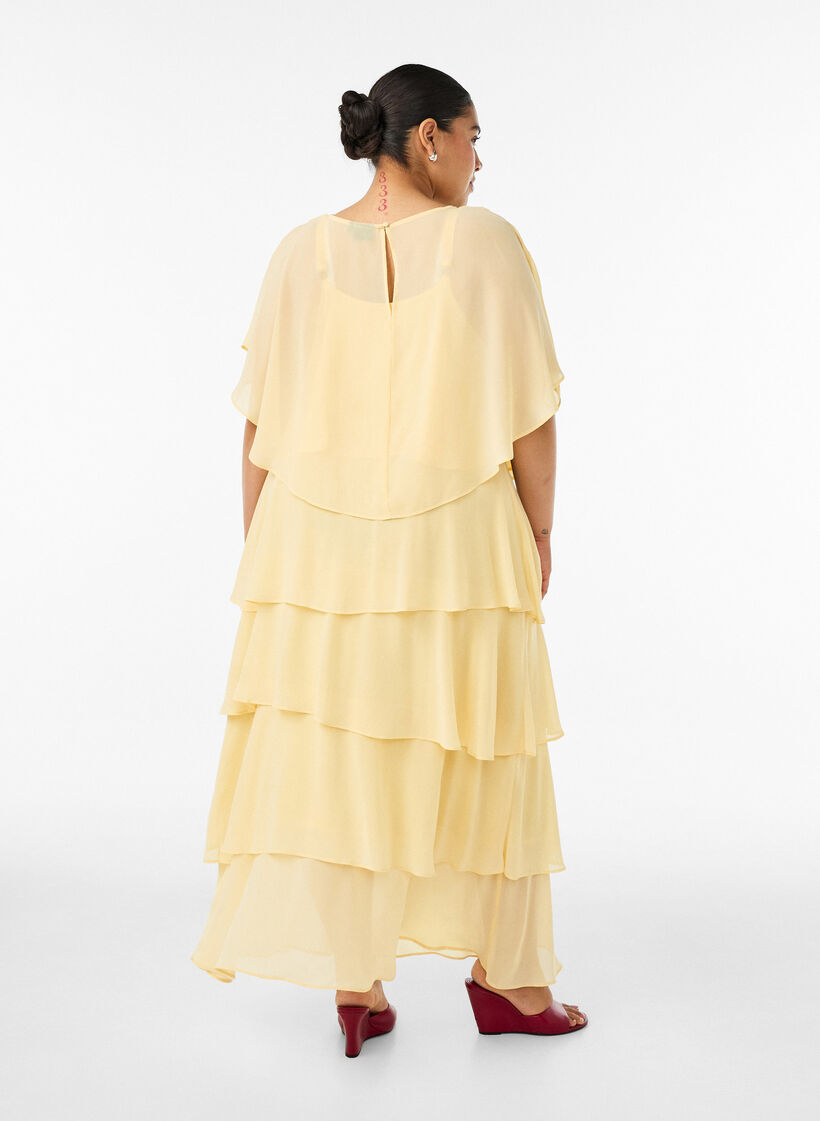 Maxikleid mit R&uuml;schen-Volants und abnehmbarem Cape, Gelb, Model image number 1