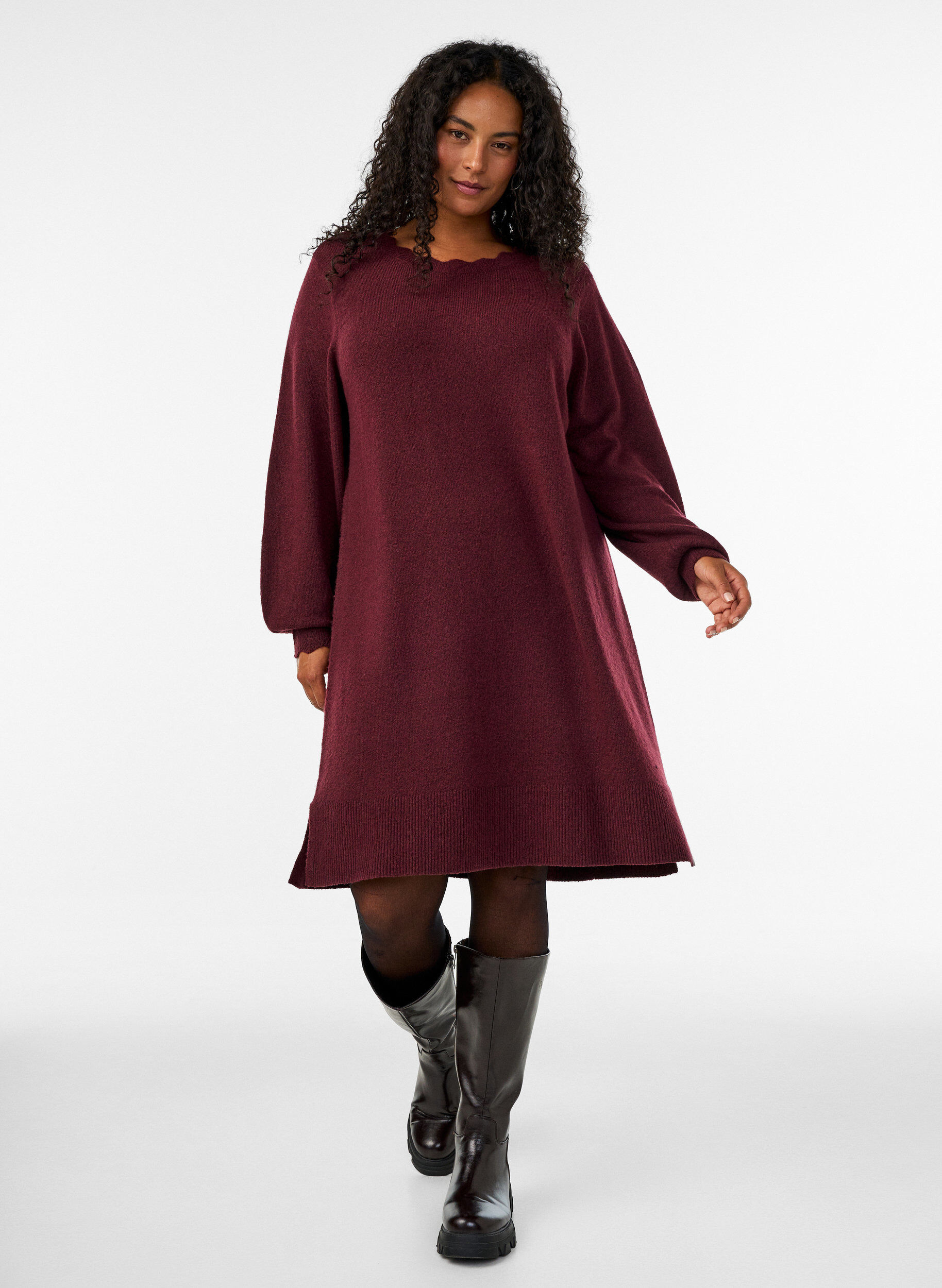 ZizziGestricktes Minikleid mit gewelltem Saum und Schlitzen, Rot, Model image number 1