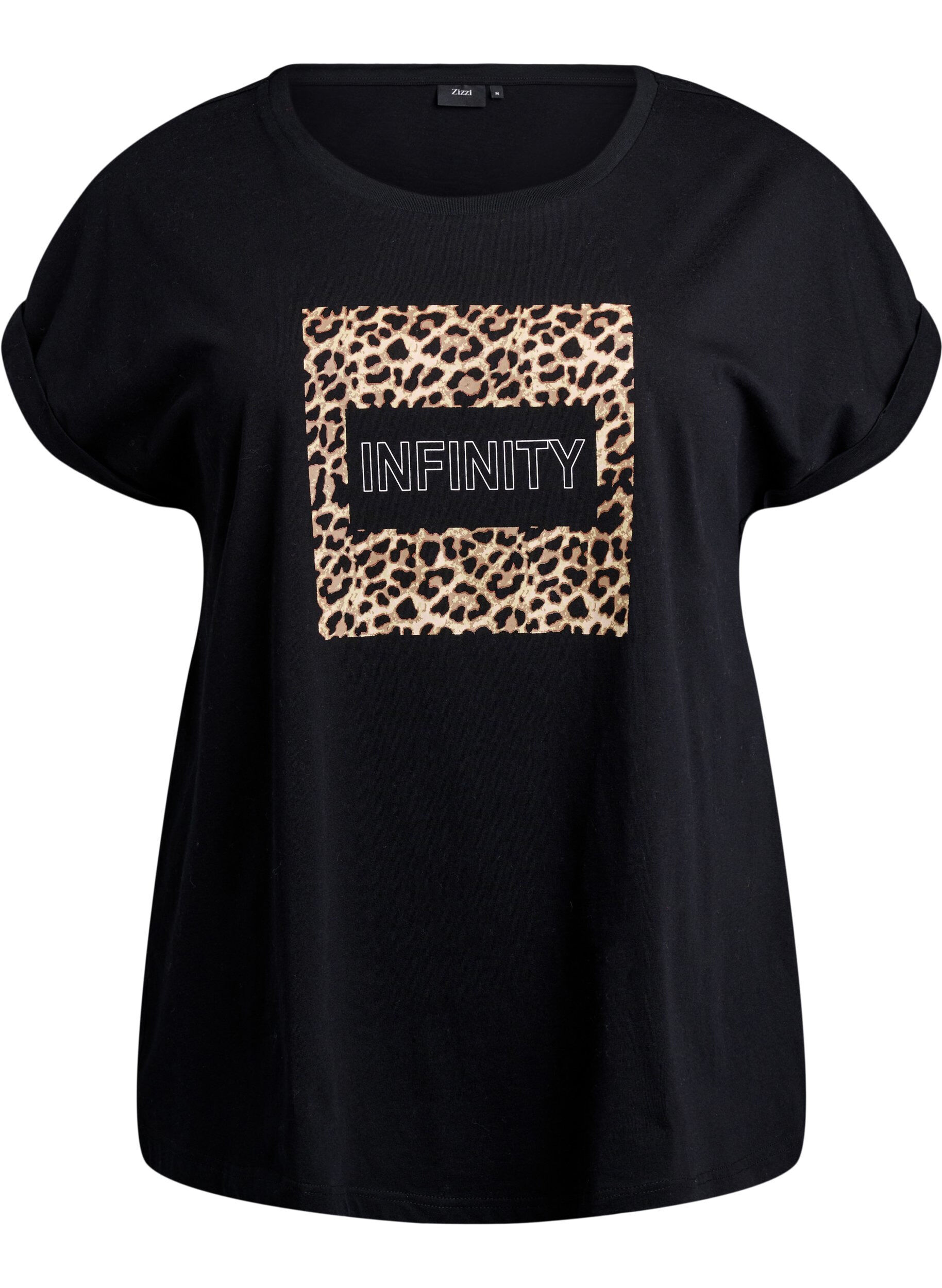 Zizzi T-Shirt mit Leopardenmuster und Text, Black Leo, Packshot image number 0