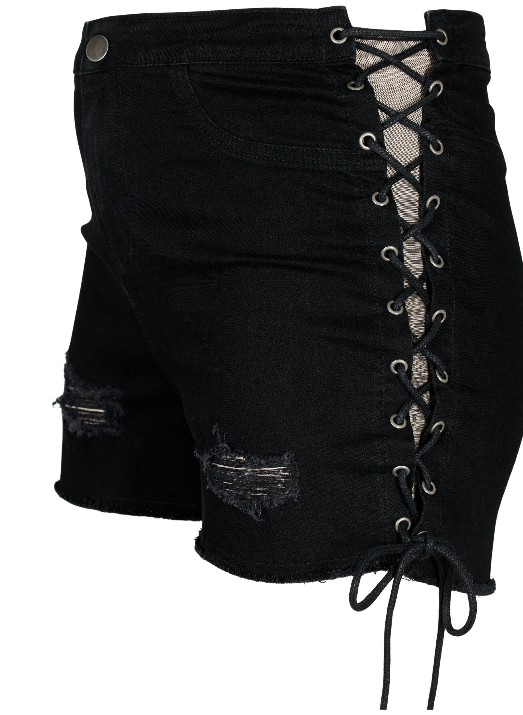 Zizzi Gerippte Jeansshorts mit Schn&uuml;ren, Black Denim, Packshot image number 2
