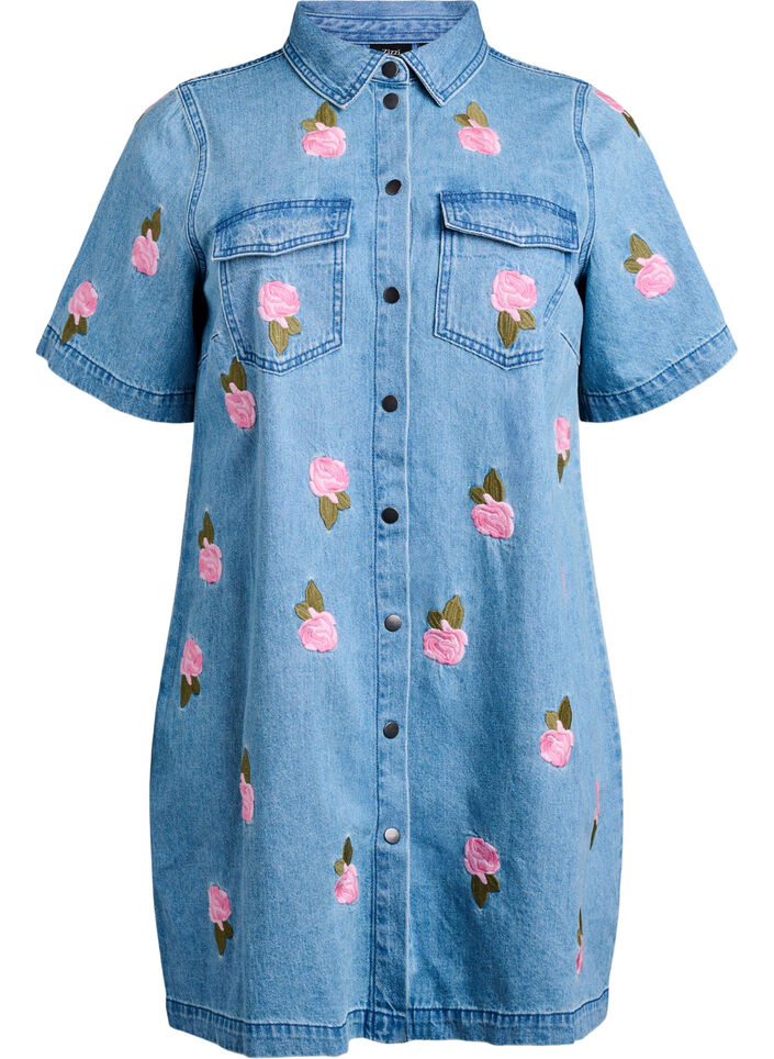 Kurzes Jeanskleid mit gestickten Blumen, Blau, Packshot image number 0