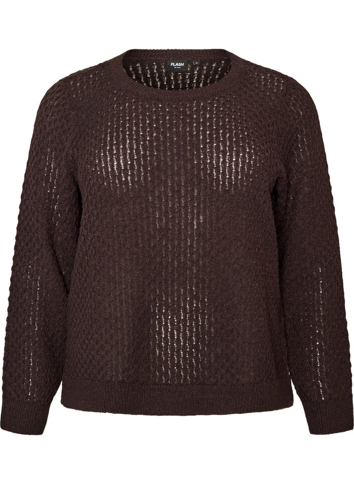 Strickbluse mit strukturiertem Lochmuster, Braun, Packshot image number 0