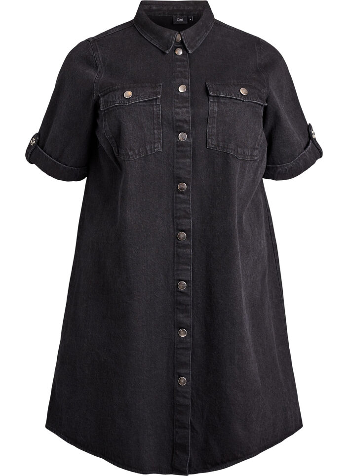 Denimkleid mit kurzen &Auml;rmeln und Kn&ouml;pfen, Schwarz, Packshot image number 0
