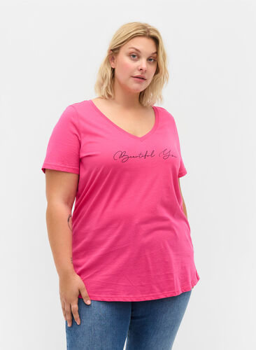 Kurzärmeliges Baumwoll-T-Shirt mit Aufdruck, Magenta Beautiful, Model image number 0