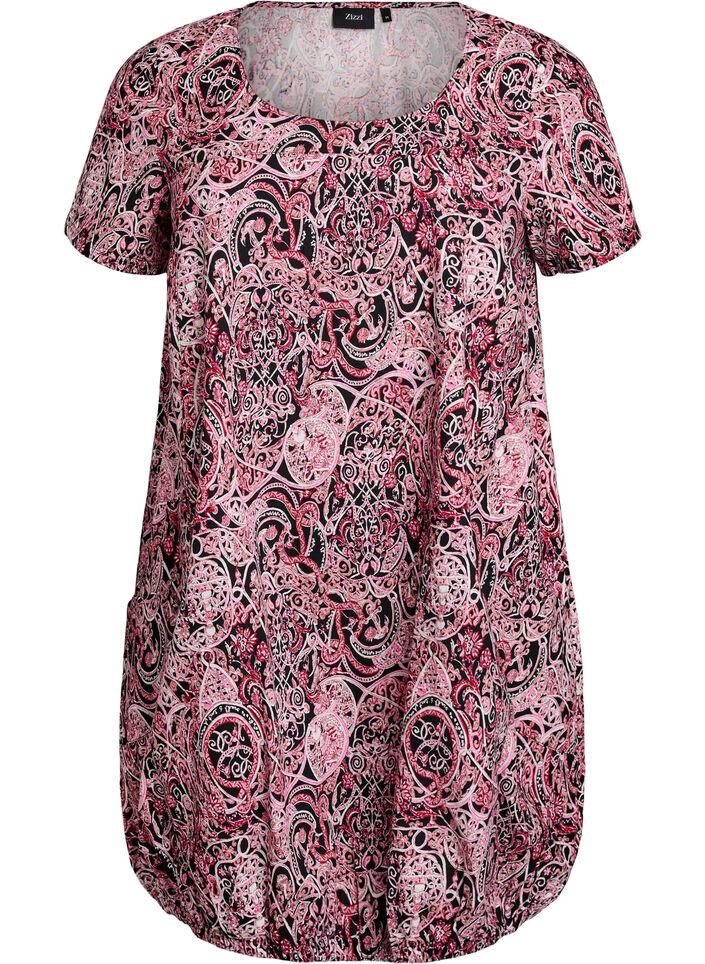 Kurz&auml;rmliges Baumwollkleid mit Aufdruck, Schwarz, Packshot image number 0