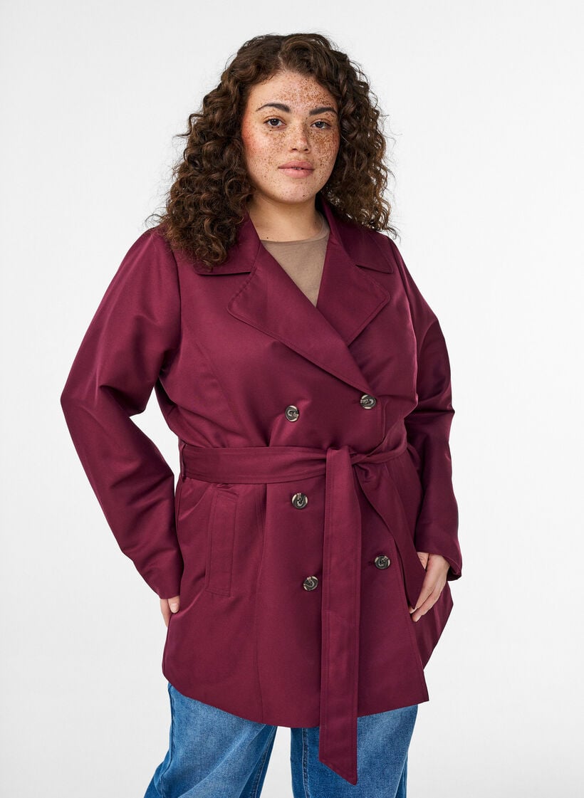 Kurzer Trenchcoat mit Gürtel, Dunkles Bordeaux, Model image number 0