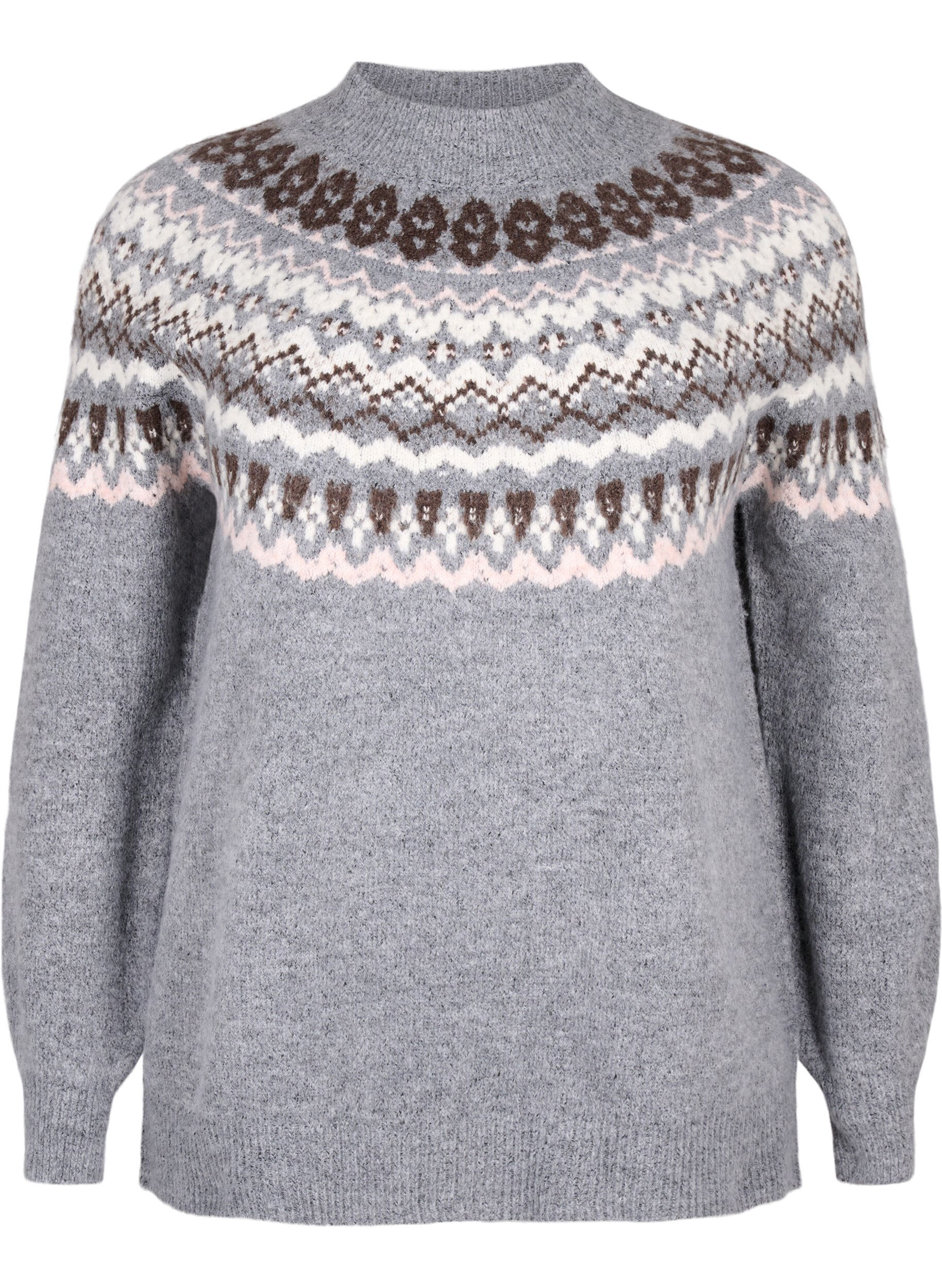 Zizzi Gestrickter Pullover mit Muster und langen &Auml;rmeln, Medium Grey Comb, Packshot image number 0