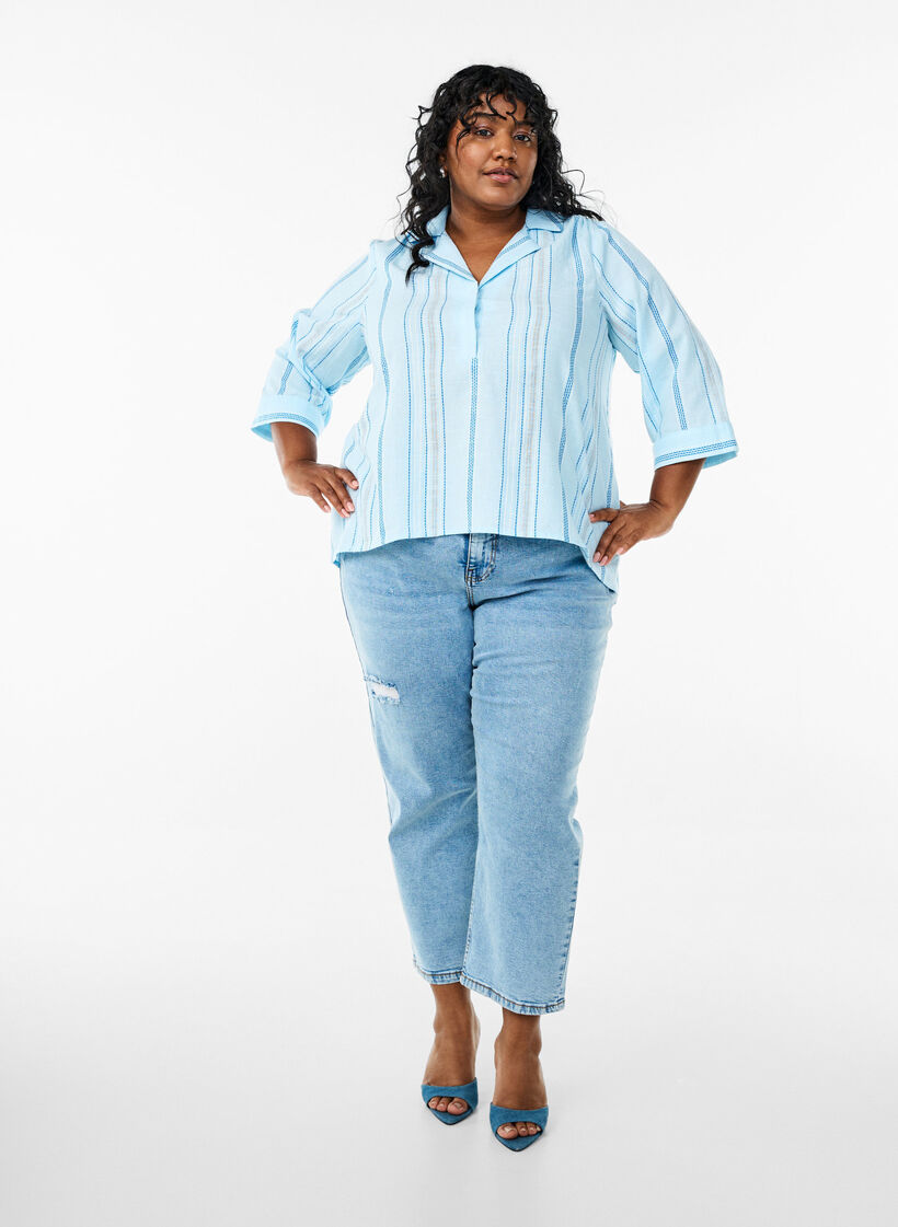 Bluse mit Kragen und 3/4-Ärmeln, Blau, Model image number 1