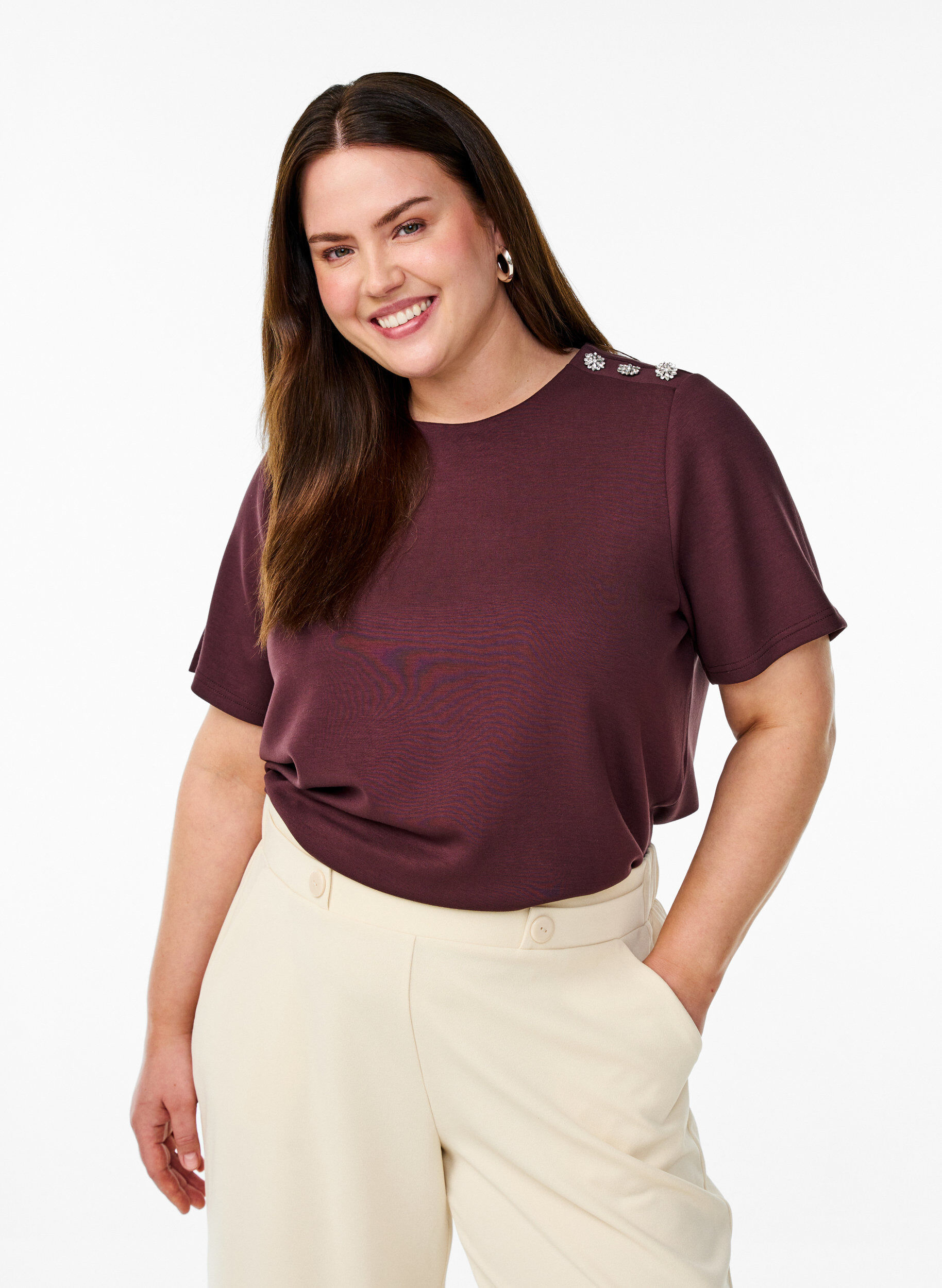 Kurz&auml;rmelige Bluse mit Knopfdetail, Dunkles Bordeaux, Model