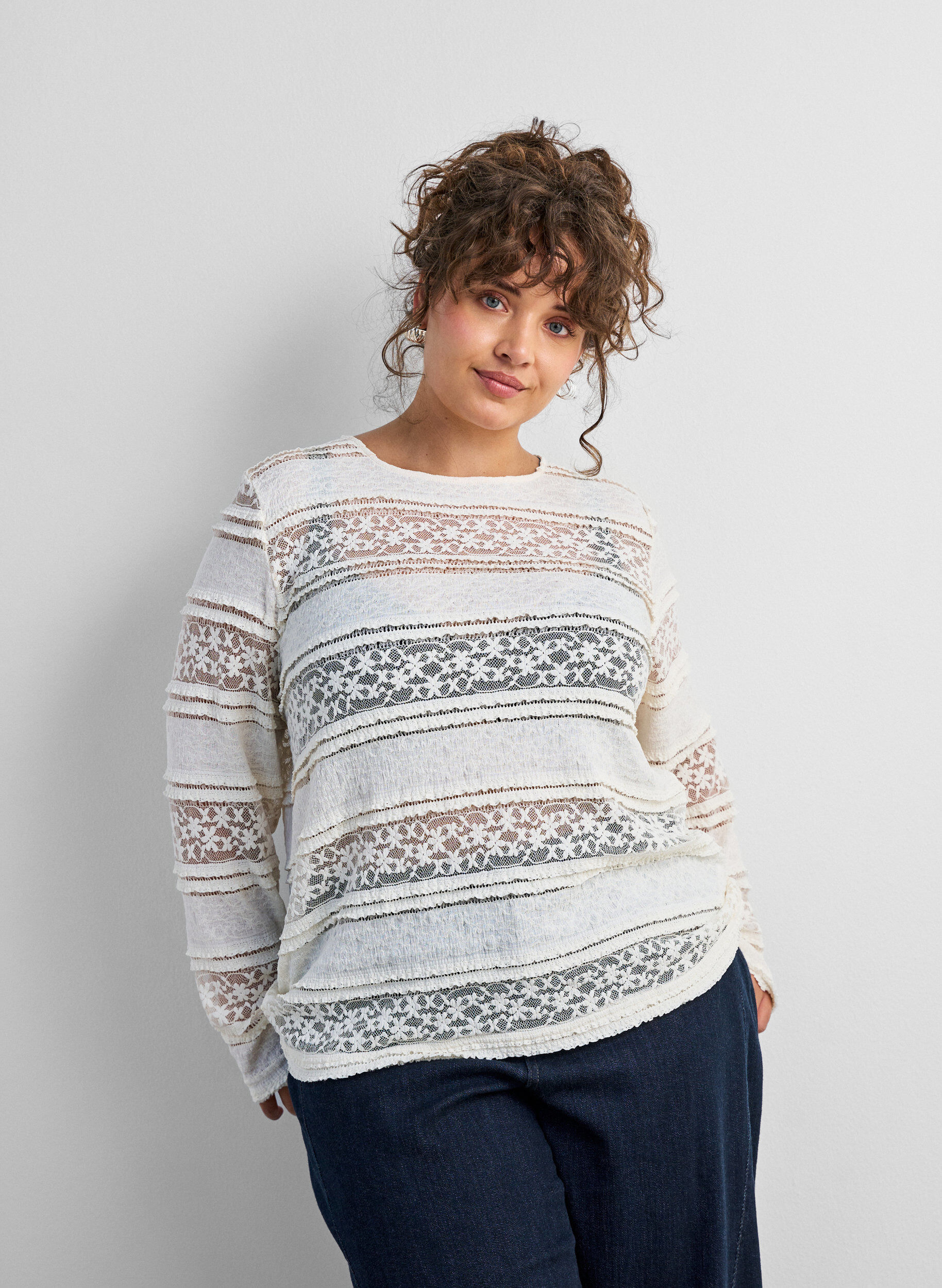 ZizziBluse aus Spitze mit langen &Auml;rmeln, Vanille, Model image number 0