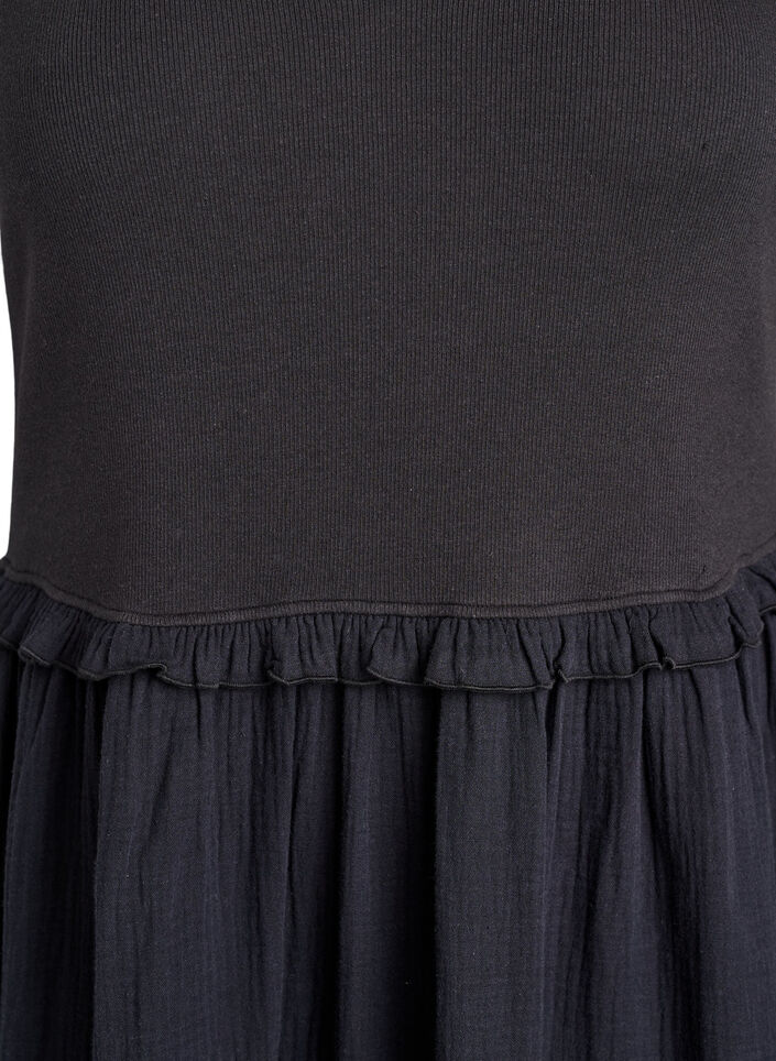 &Auml;rmelloses Midikleid aus Baumwolle mit Ripp und Musselin, Schwarz, Packshot image number 2