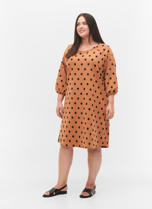 Kleid mit Punktmustern und 3/4 Ärmeln, Almond Black Dot, Model image number 2