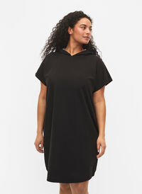 Kurzärmeliges Pulloverkleid mit Kapuze, Black, Model