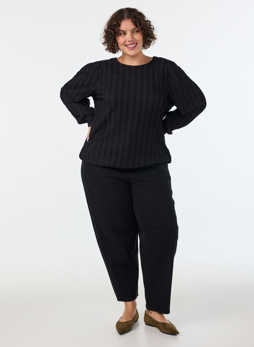 Jerseybluse mit Struktur und Ballonsilhouette, Schwarz, Model image number 1