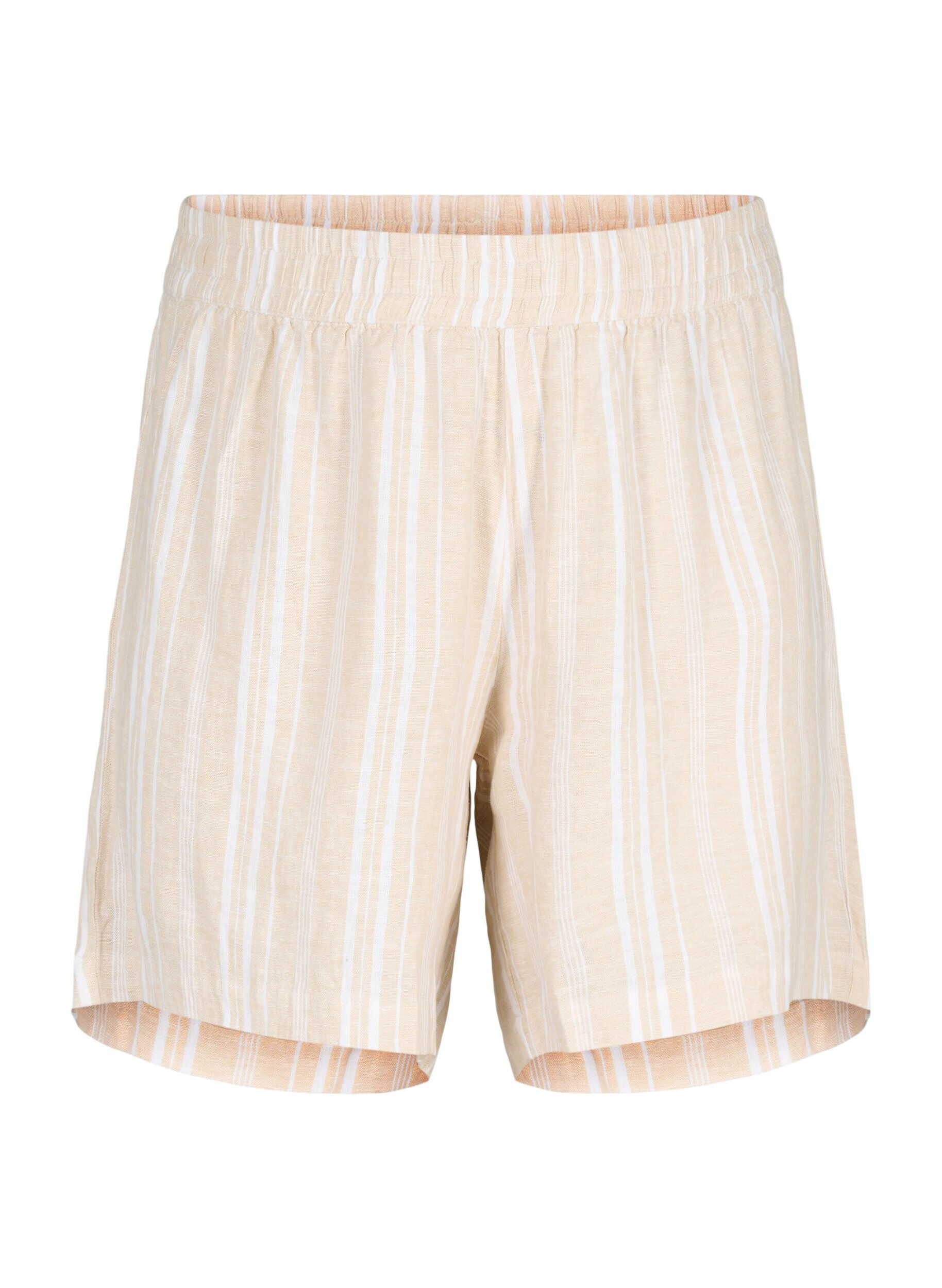 Zizzi Gestreifte kurze Hose aus einer Leinen-Viskose-Mischung, Beige, Packshot image number 0