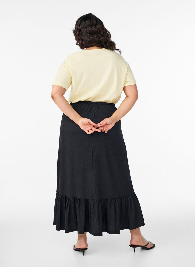 Langer Rock mit Bindeg&uuml;rtel und R&uuml;schensaum, Schwarz, Model image number 1