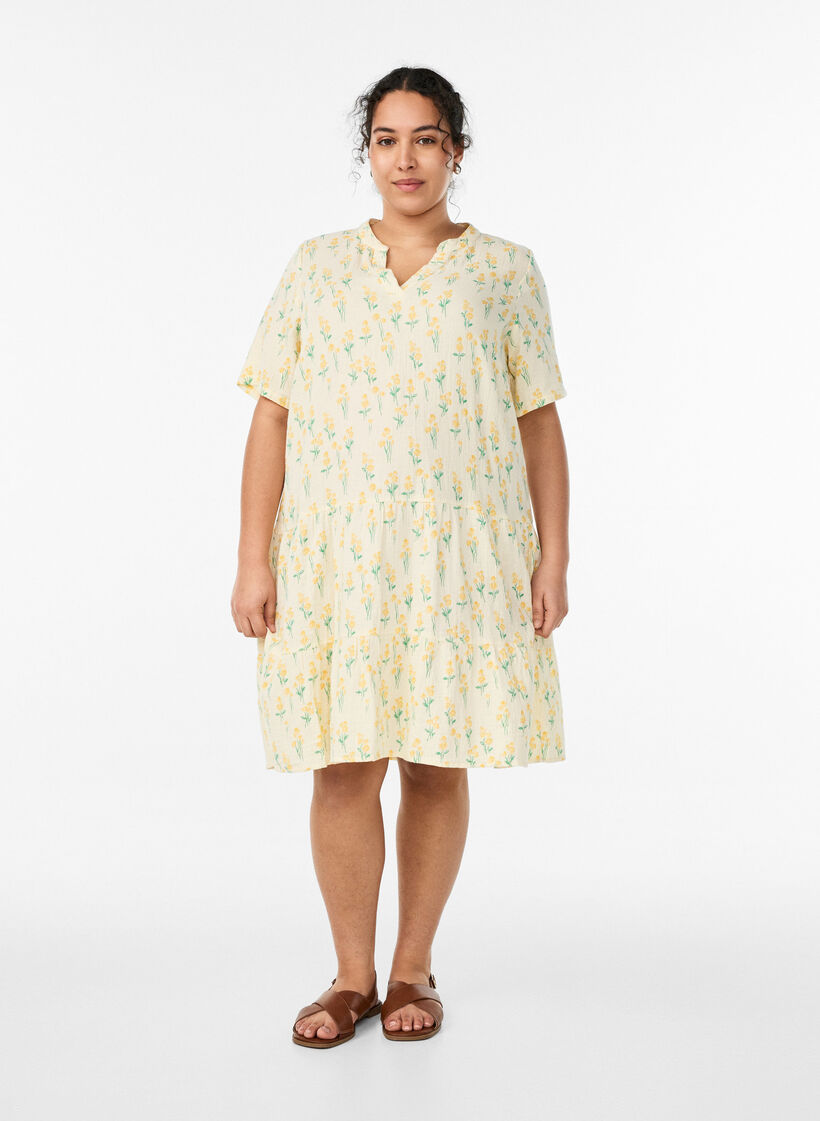 Kurzes A-Linien-Kleid aus Baumwollmusselin, Gelb, Model image number 1