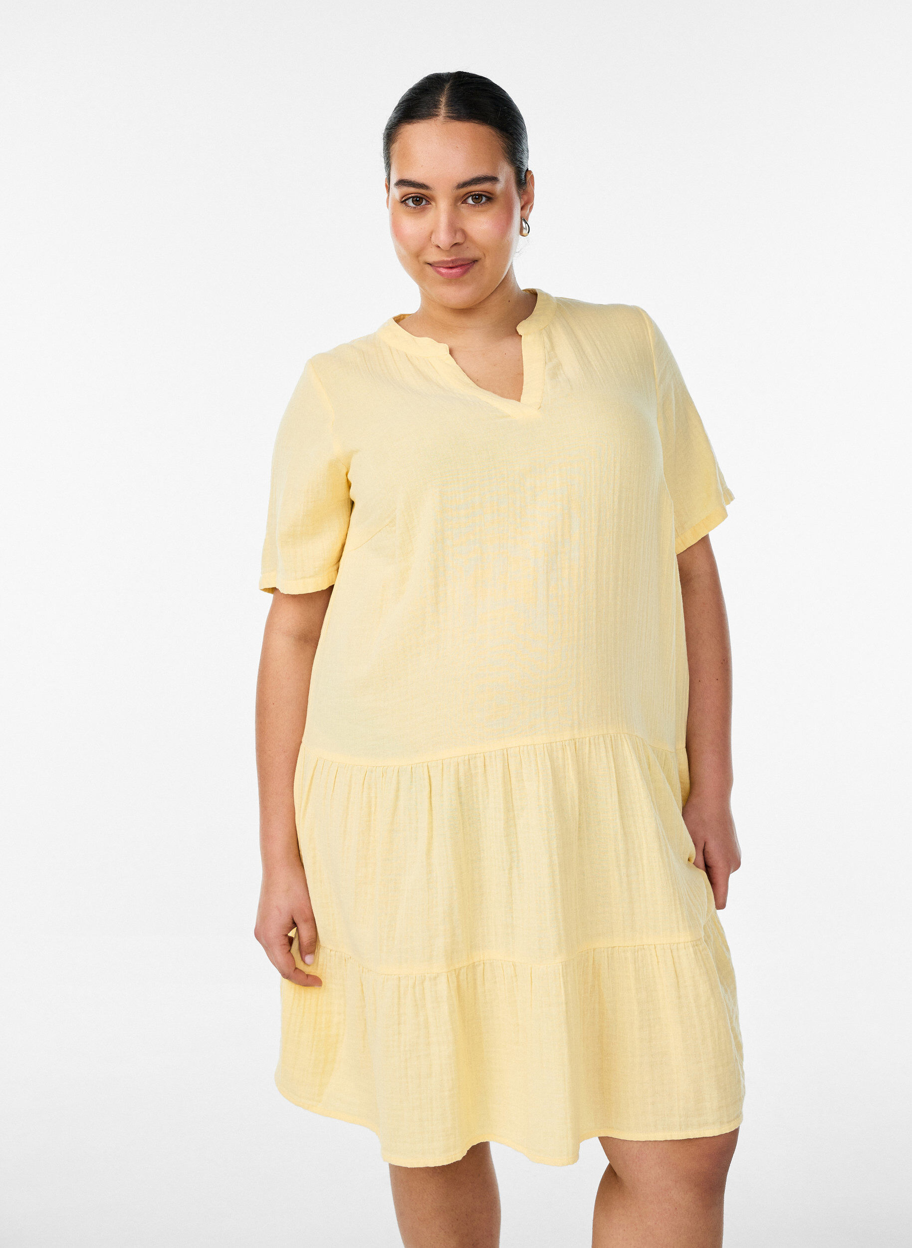 ZizziKurzes A-Linien-Kleid aus Baumwollmusselin, Gelb, Model image number 0