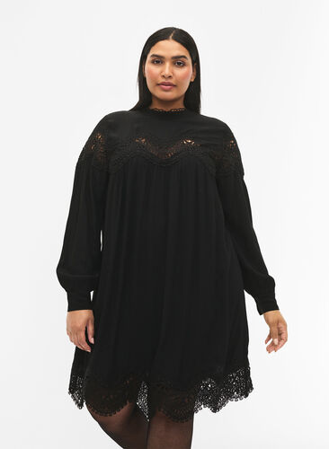 Viskose-Kleid mit Stickerei, Black, Model image number 0