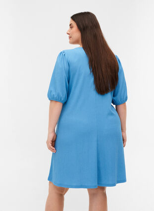 Kleid mit Puffärmeln und V-Ausschnitt, Azure Blue, Model image number 1