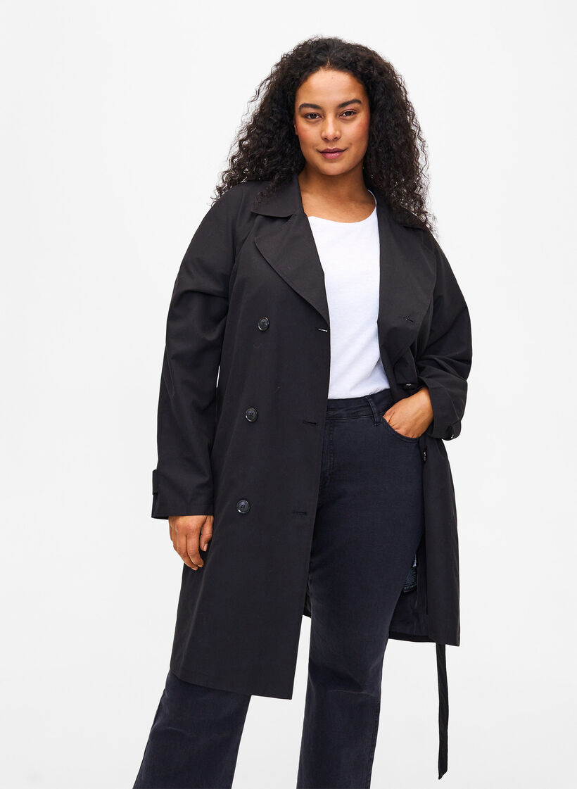 Trenchcoat mit Gürtel und Schlitz, Black, Model image number 0