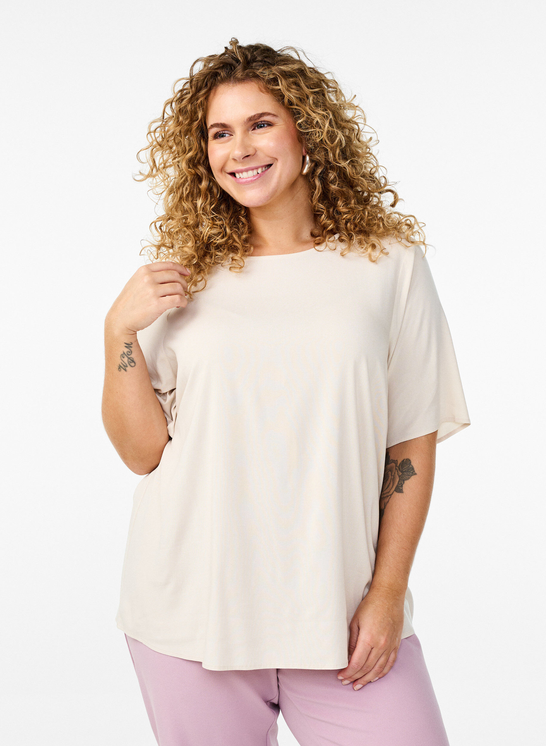 Kurz&auml;rmelige, gewebte Bluse mit Rundhals, Beige, Model