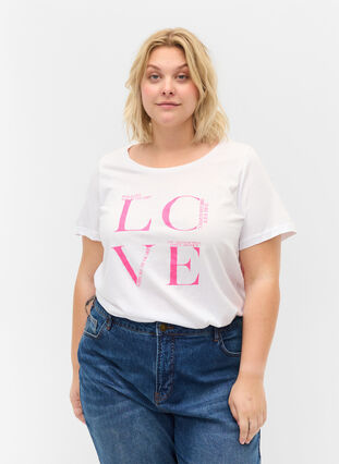 Kurzärmeliges Baumwoll-T-Shirt mit Aufdruck, Bright White LOVE, Model image number 0