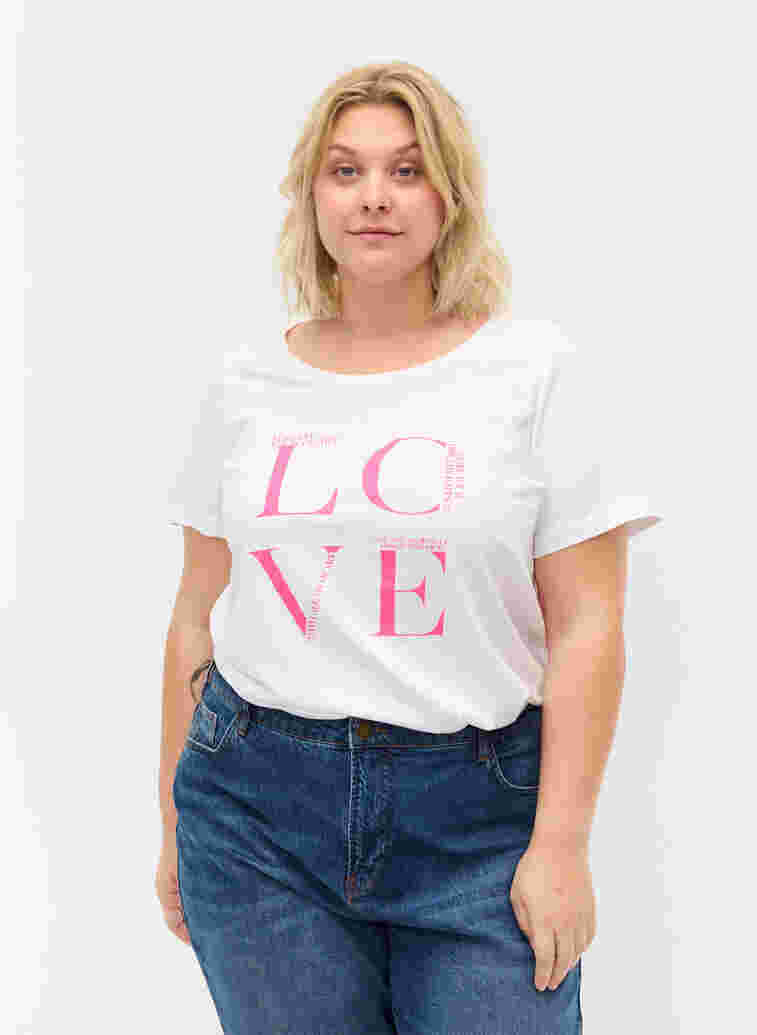 Kurzärmeliges Baumwoll-T-Shirt mit Aufdruck, Bright White LOVE, Model
