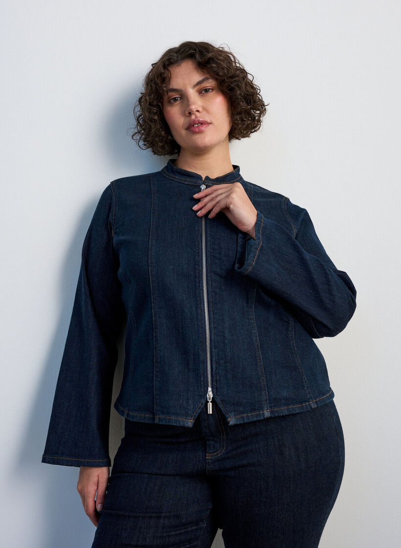 Figurbetonte Jeansjacke mit Rei&szlig;verschluss, Blau, Model image number 0
