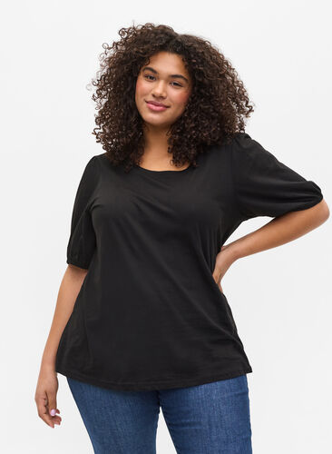 T-Shirt aus Baumwolle mit Ärmeln in Ellbogenlänge, Black, Model image number 0