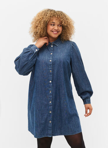Denim-Hemdkleid aus Baumwolle, Dark blue denim, Model image number 0