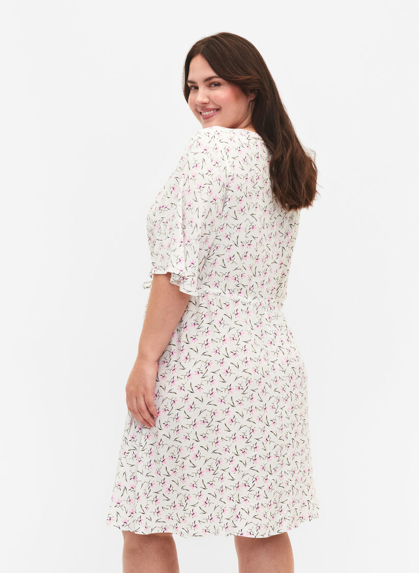 Kleid mit 1/2 Ärmeln und Blumenmuster aus Viskose, White Purple Flower, Model image number 1