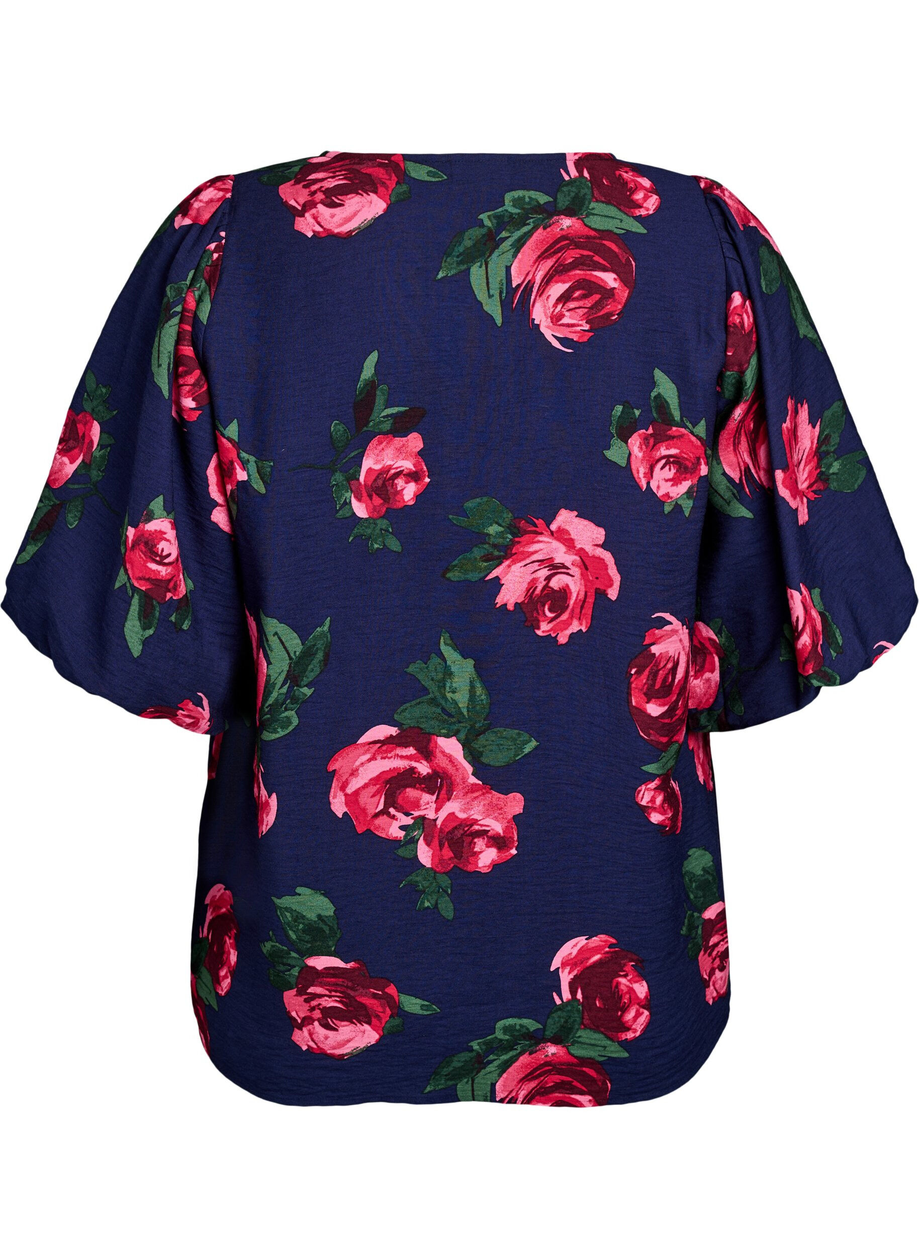 Zizzi Bluse mit Rosenprint und kurzen Ballon&auml;rmeln, Blau, Packshot image number 1