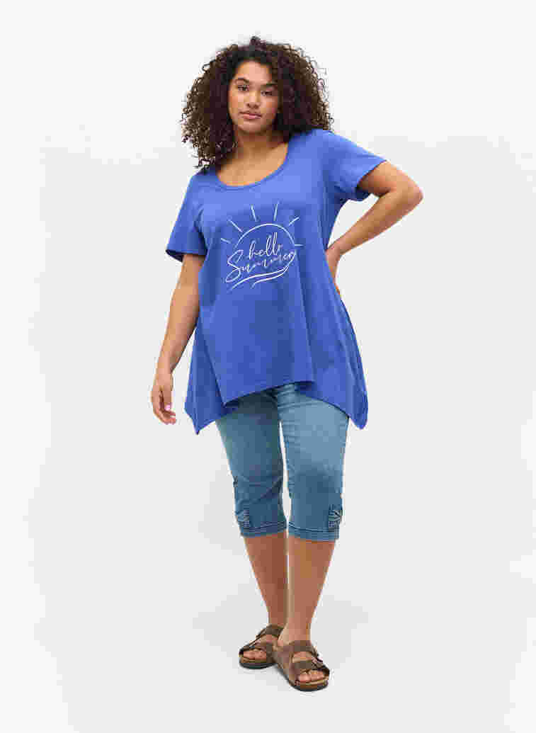 Kurzarm T-Shirt aus Baumwolle mit A-Linie, Dazzling Blue HELLO , Model image number 2
