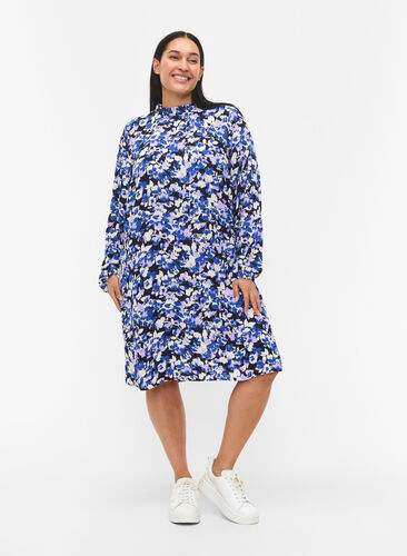 FLASH – Langärmeliges Kleid mit Blumendruck, Blue Purple Flower, Model image number 2