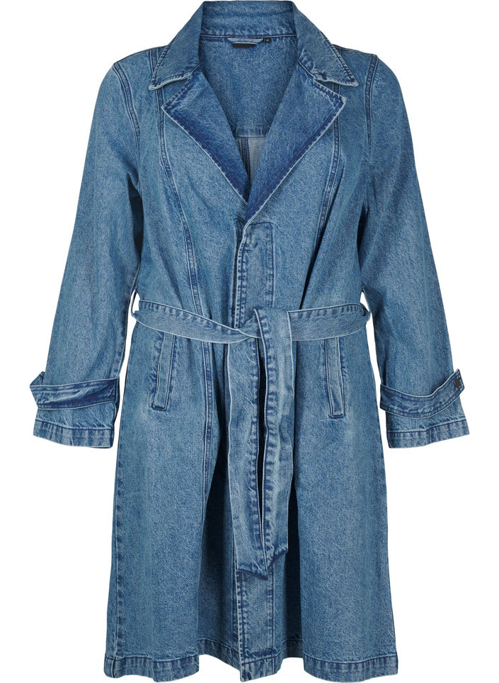 Denim-Trenchcoat mit Gürtel, Blue Denim, Packshot image number 0