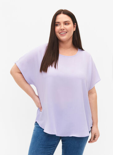 Bluse mit kurzen Ärmeln und Rundhalsausschnitt, Lavender, Model image number 0