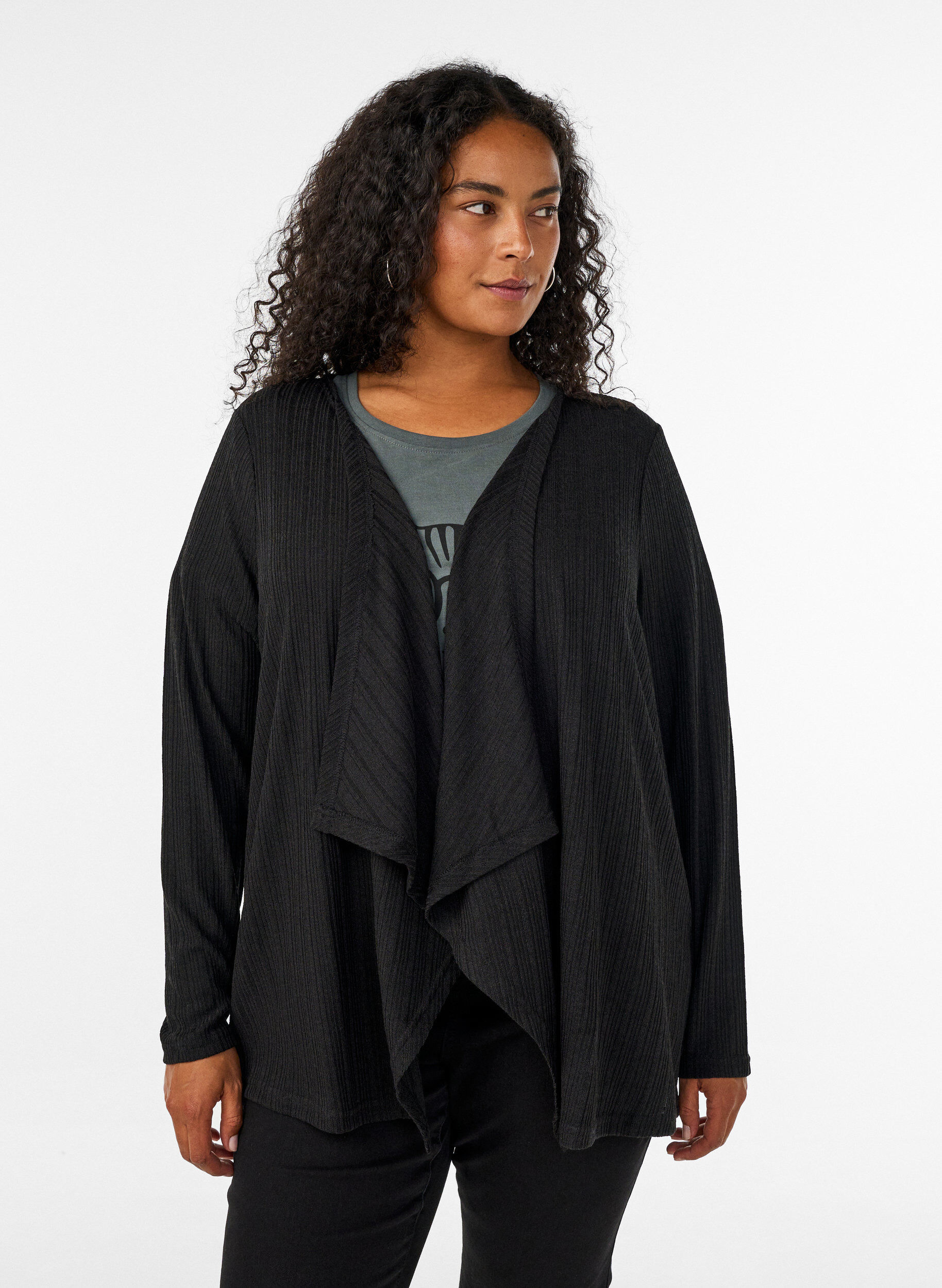 ZizziOffener Cardigan aus strukturiertem Jersey, Schwarz, Model image number 0