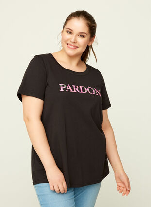Baumwoll T-Shirt mit Print, Black, Model image number 0