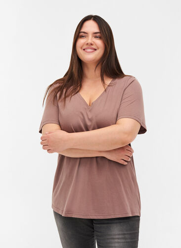 T-Shirt aus Bio-Baumwolle mit V-Ausschnitt, Deep Taupe, Model image number 0
