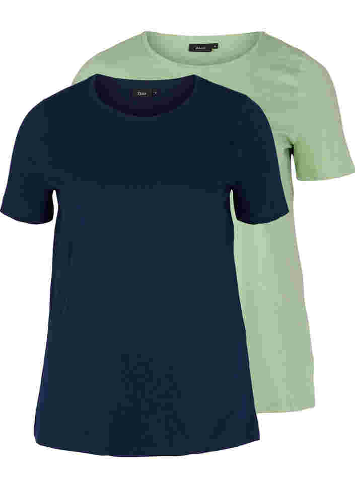 2er Pack kurzarm T-Shirts aus Baumwolle, Navy B/Reseda, Packshot image number 0