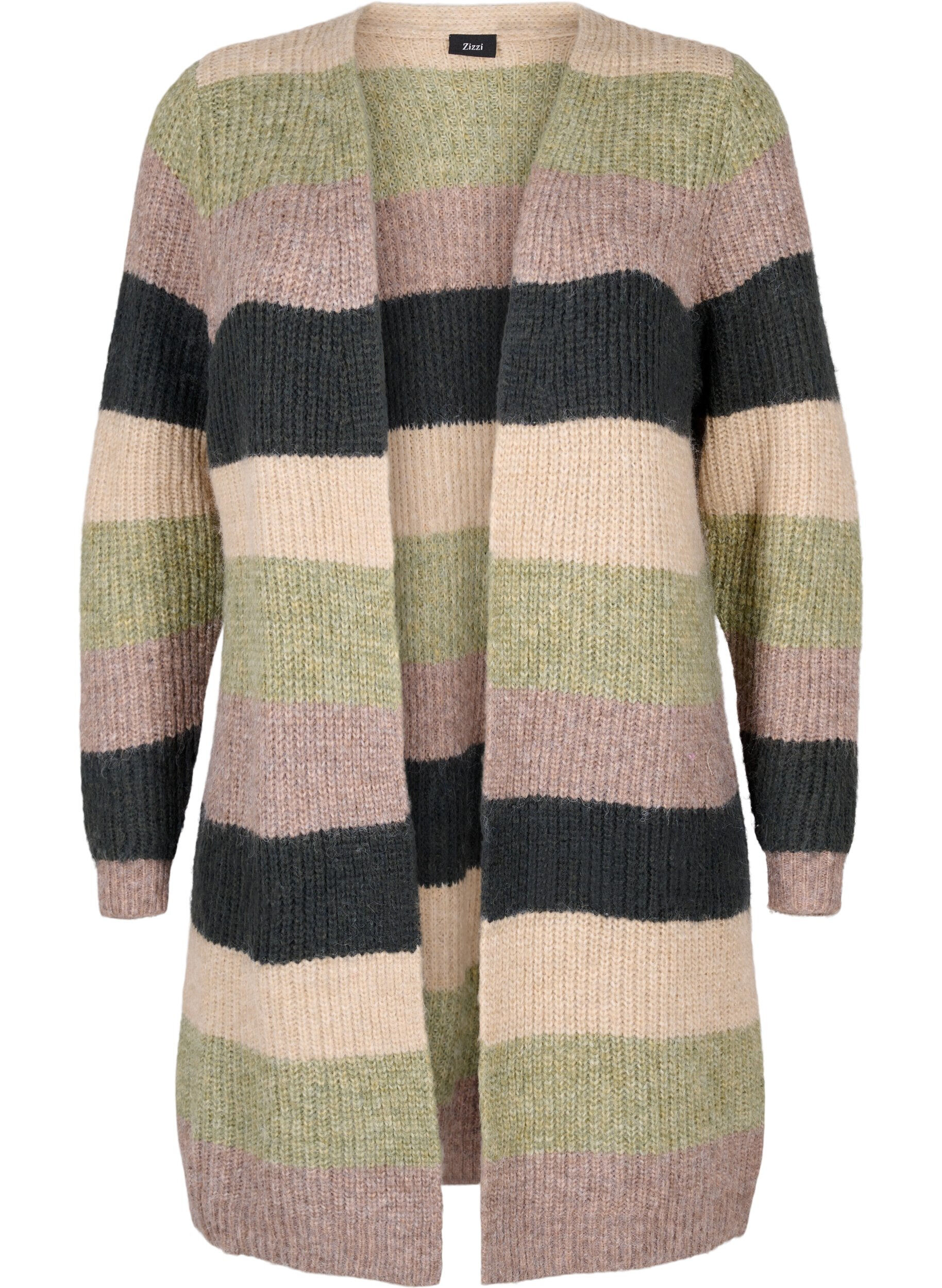 Zizzi Lange Strickjacke aus Rippenstrick mit Streifen, Forest Night Comb, Packshot image number 0