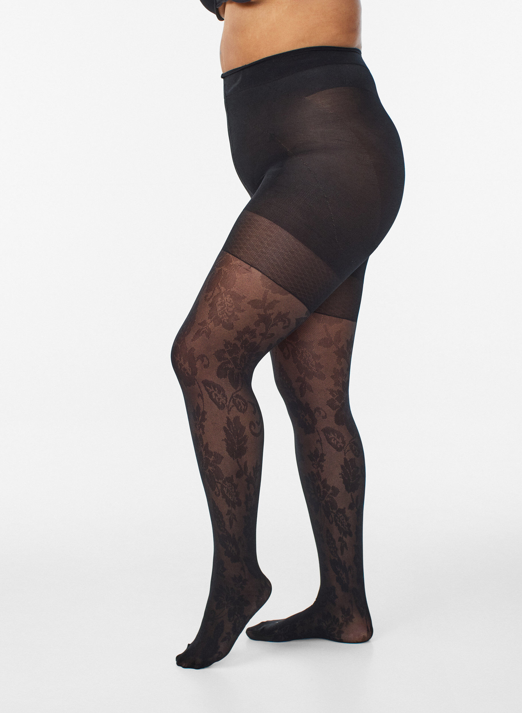 Zizzi Gebl&uuml;mte Strumpfhose mit Push-up-Effekt - 50 Den, Schwarz, Model image number 0