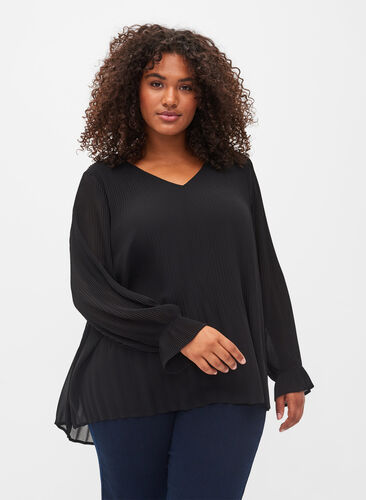 Plissee Bluse mit V-Ausschnitt, Black, Model image number 0