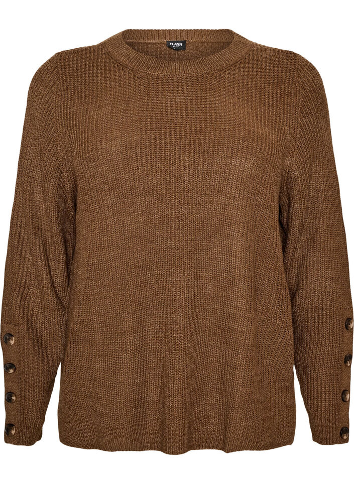 Strickbluse mit Rippstruktur und Knopfdetails, Braun, Packshot image number 0