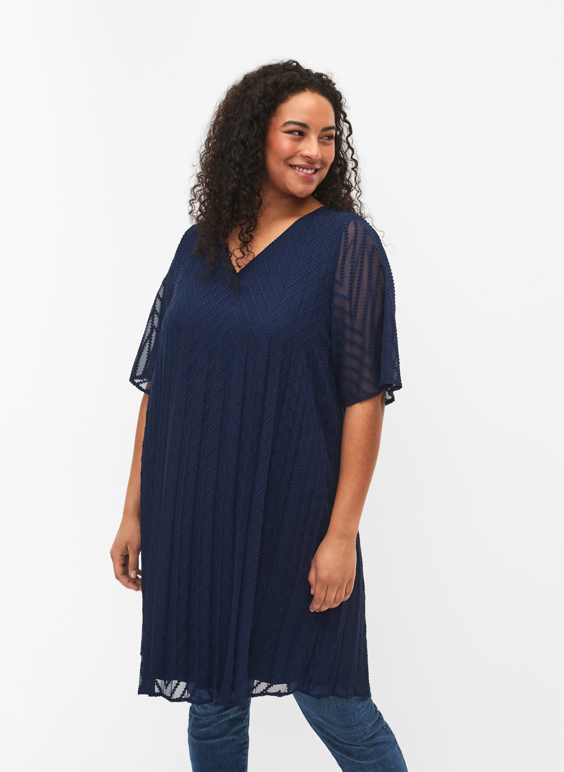 Zizzi Kurz&auml;rmeliges Kleid mit Struktur , Navy Blazer, Model image number 0