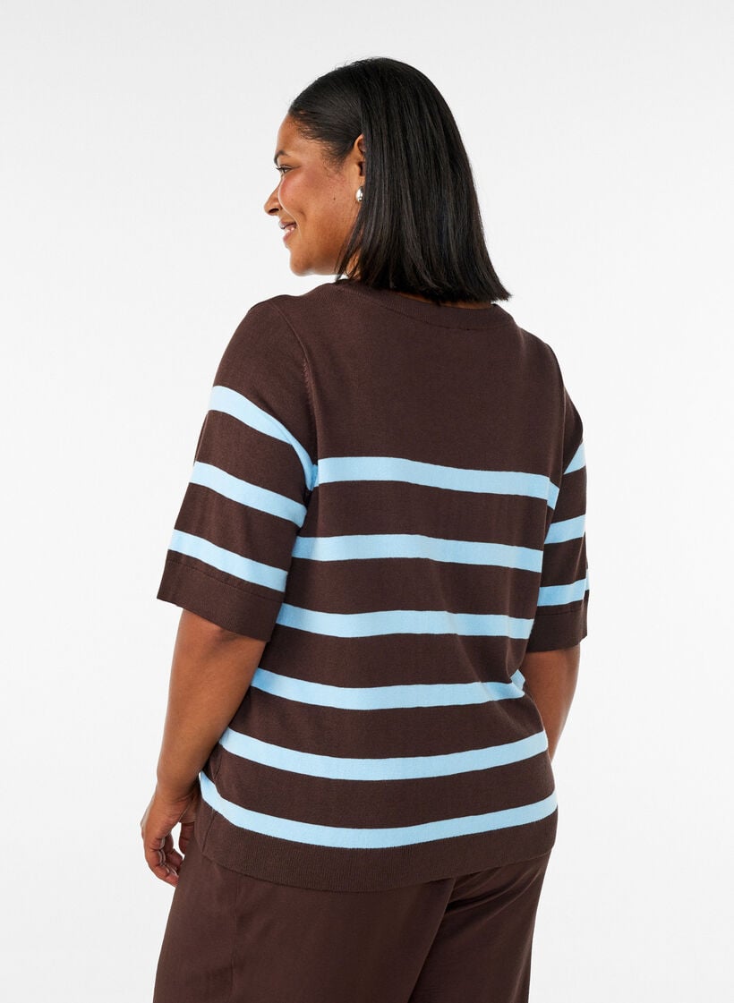 Gestreiftes Stricktop mit kurzen &Auml;rmeln, Braun, Model image number 2