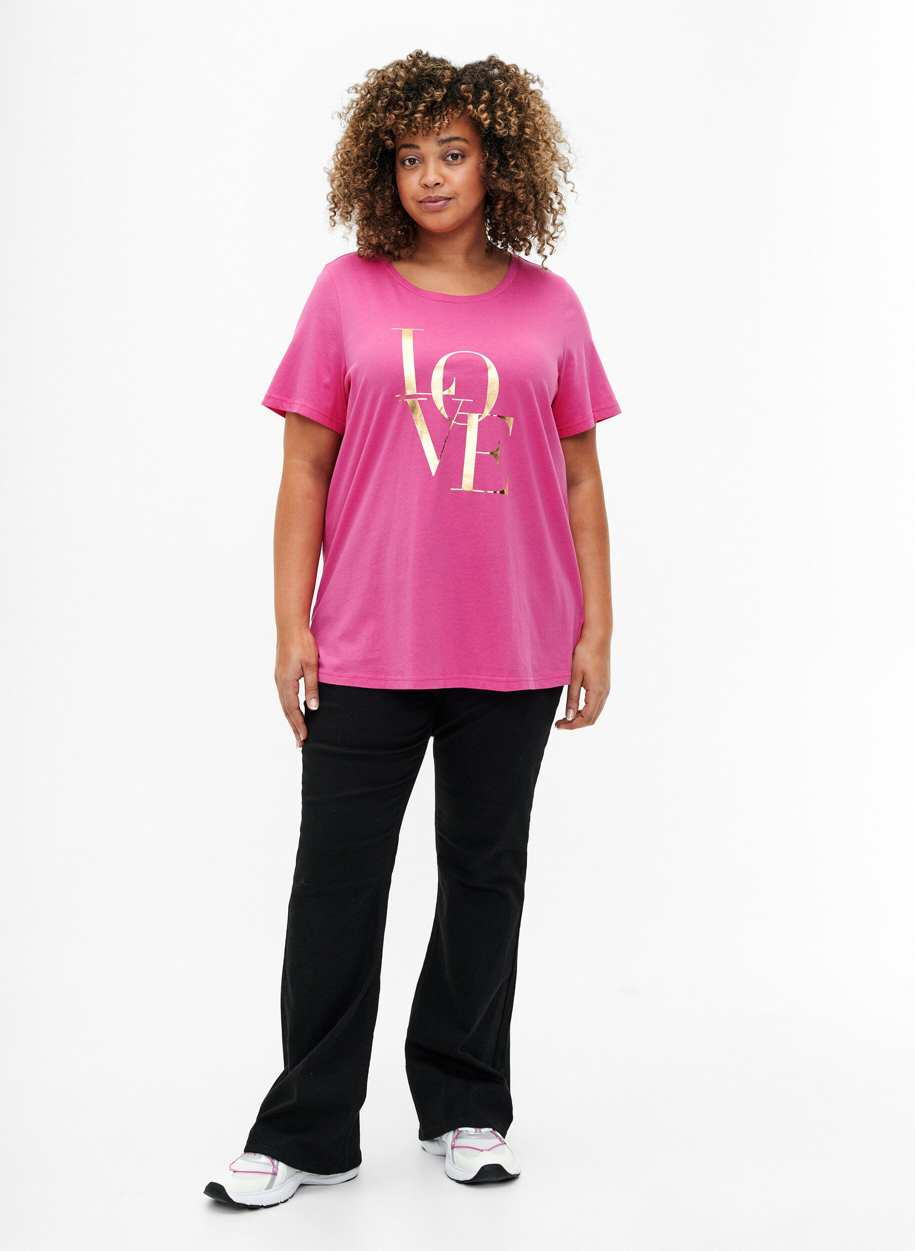 Zizzi T-Shirt aus Baumwolle mit goldener Aufschrift, R.Sorbet w.Gold Love, Model image number 2