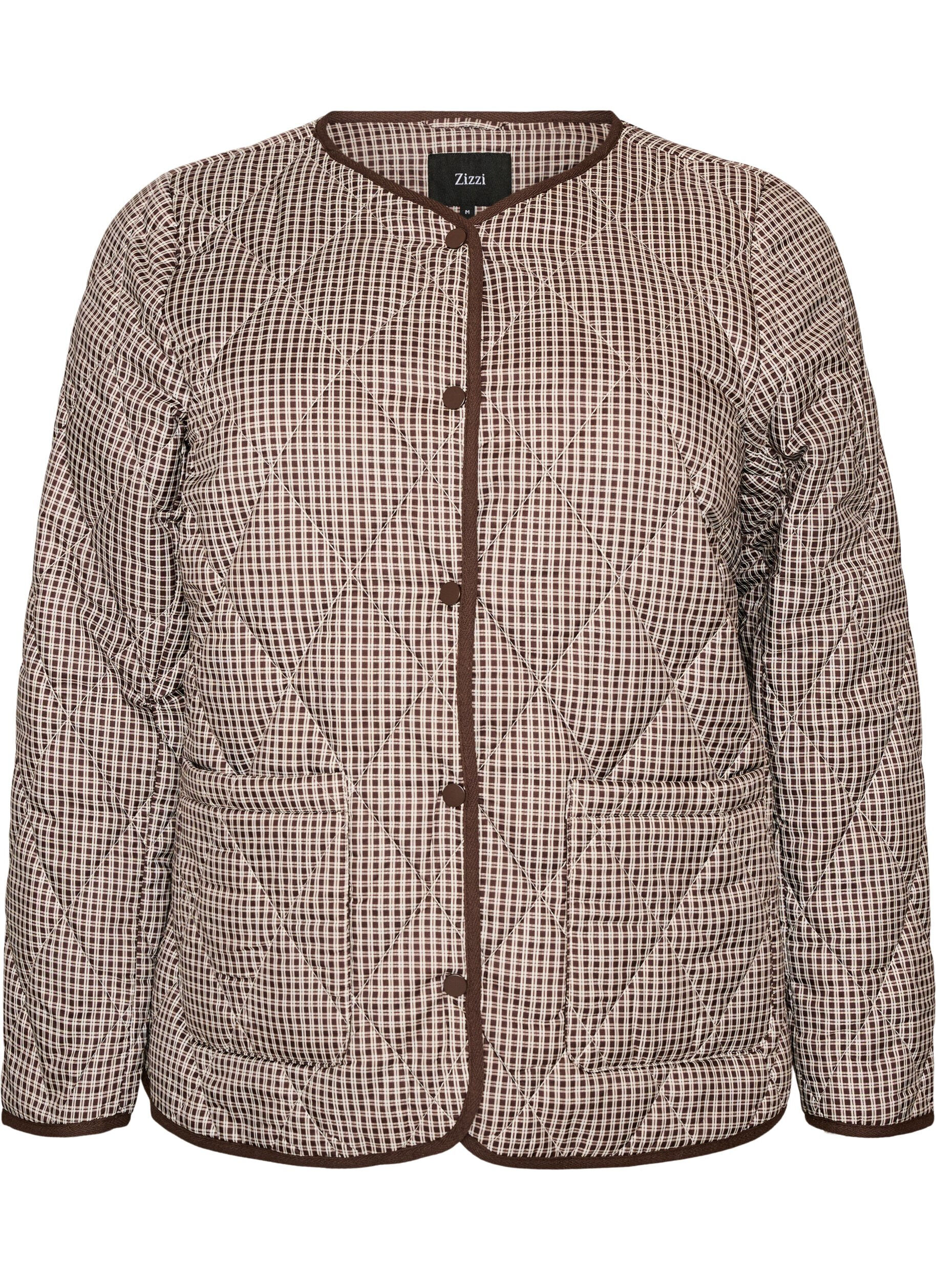ZizziSteppjacke mit kleinem Karomuster und Kontrastbesatz, Braun, Packshot image number 0