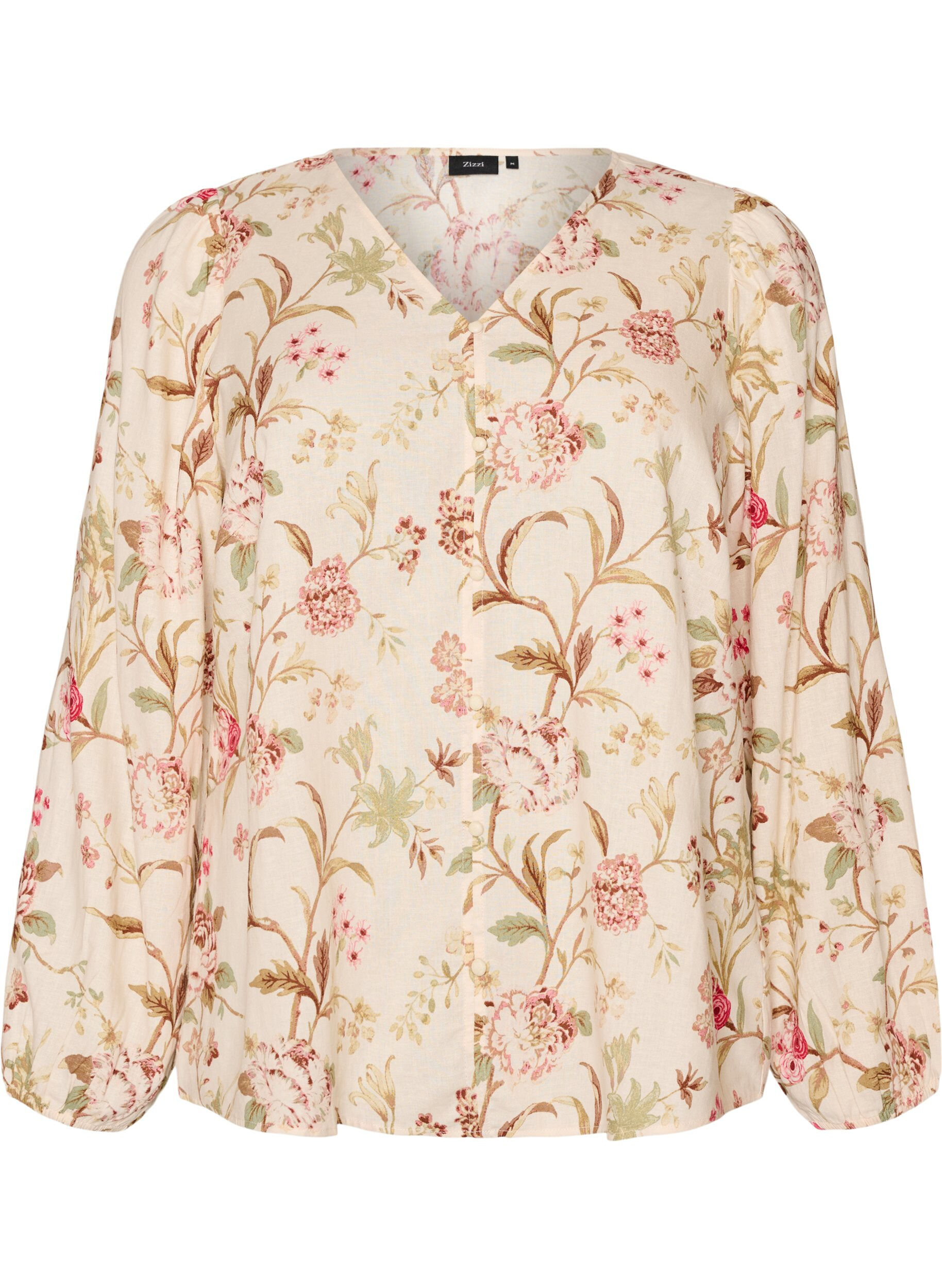 ZizziGebl&uuml;mte Bluse aus Leinen und Viskose mit langen &Auml;rmeln, Vanille, Packshot image number 0